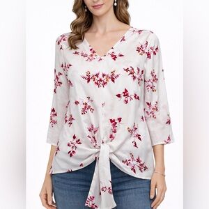 Ann Taylor White and Red Floral Tie-Front Blouse